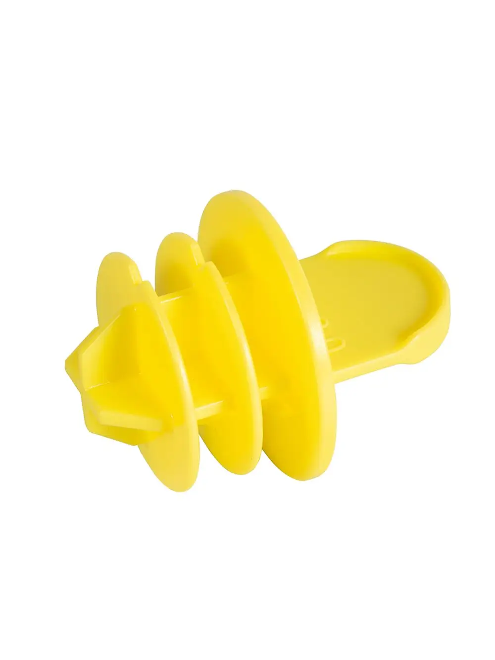 Gelber Kunststoffverschluss mit Lasche, produziert von Fränkische. Das Produkt hat eine spiralförmige Struktur und dient zur Abdichtung von Rohren.